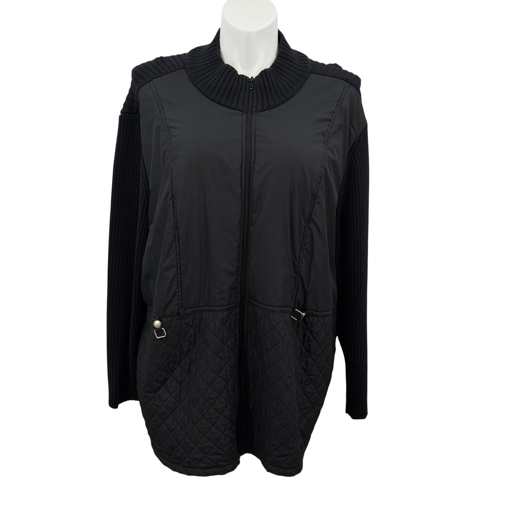 Catherines Jacket Womens SZ 3X Black Mixed Media Quilted Knit Fall Everyday Cozy